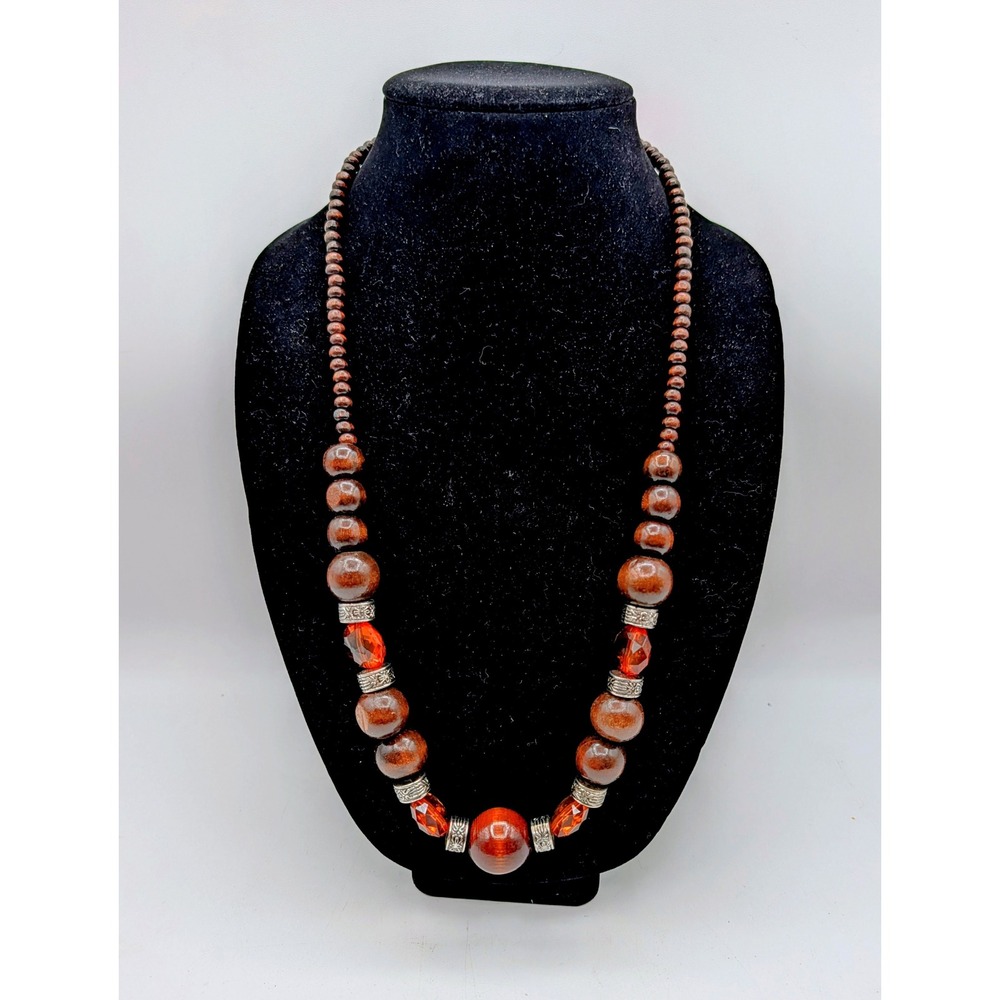 Vintage Boho Wood and Amber Acrylic Beaded Necklace Silver Tone Spacers 28 Inch - Picture 2 of 5